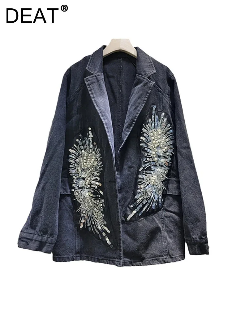 DEAT Women's Denim Blazer Patchwork Sequins Beading Pearls Notched Collar Black Suit Jackets 2025 Spring New Fashion 29L8255