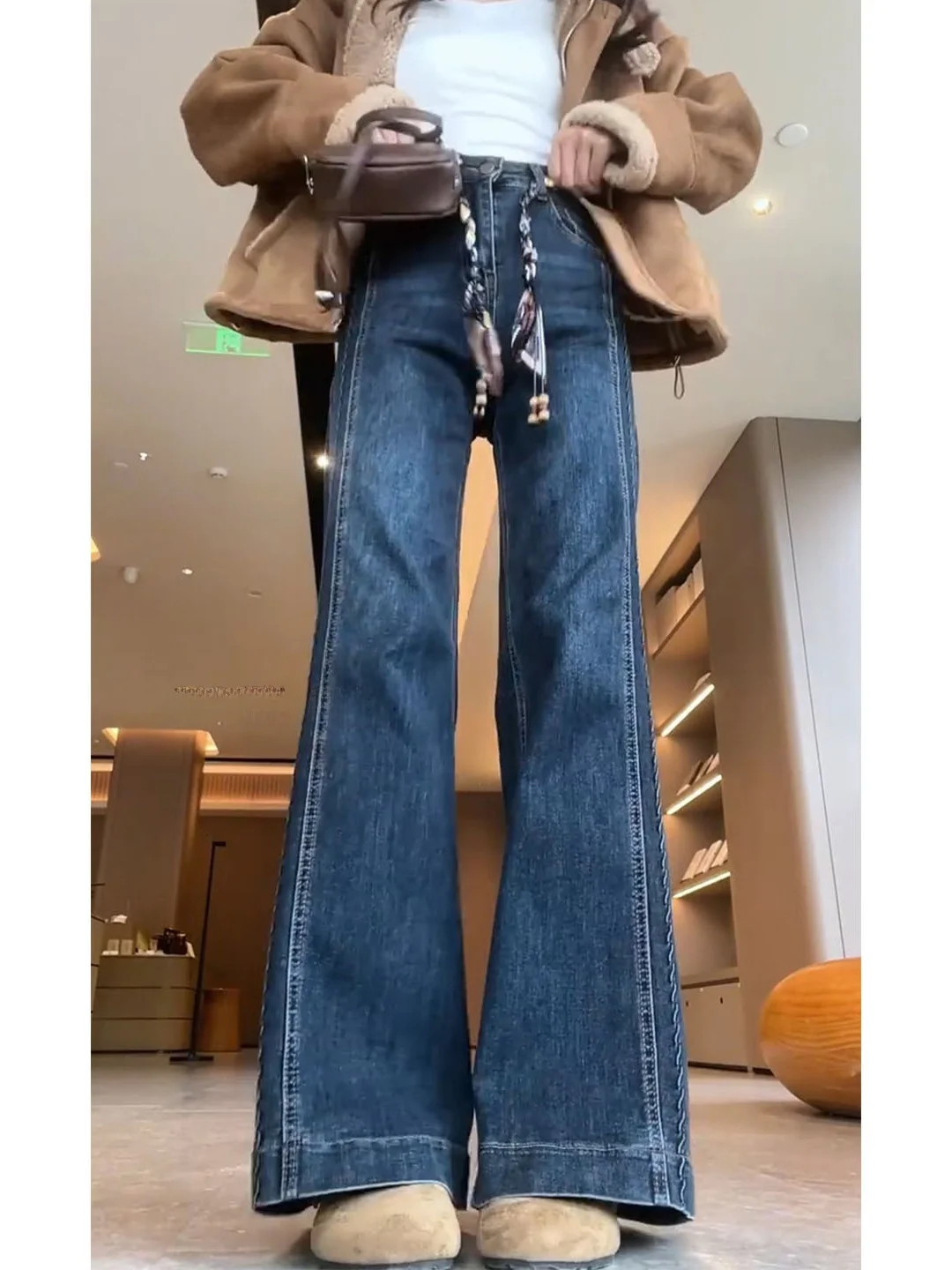 Plus Size Dames Hoge Taille Fce Gevoerde Denim Jeans Elastisch Afslanken Losse Uitlopende Broek Herfst Winter Faion Trend