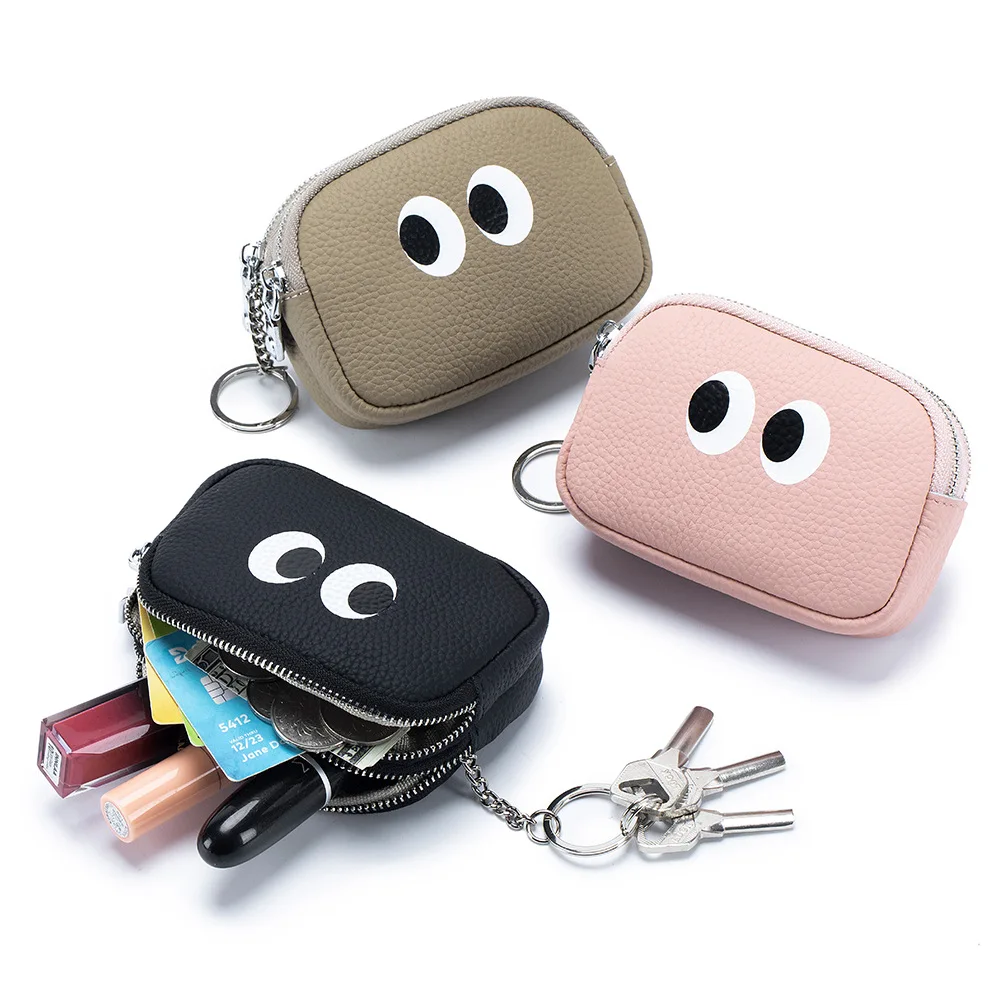 Cartera de cuero genuino de dibujos animados para mujer, bonito bolso para lápiz labial, tarjetero de piel de vaca, Mini monedero de almacenamiento para niño, bolso de bolsillo para llaves para mujer