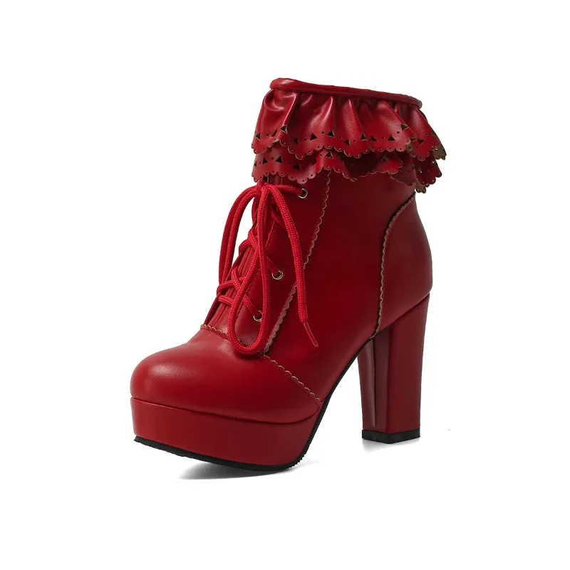 

Осенне-зимние женские сапоги Лолиты, милые японские туфли из искусственной кожи с рюшами и отделкой на шнуровке, сапоги до середины икры принцессы Лолиты для косплея