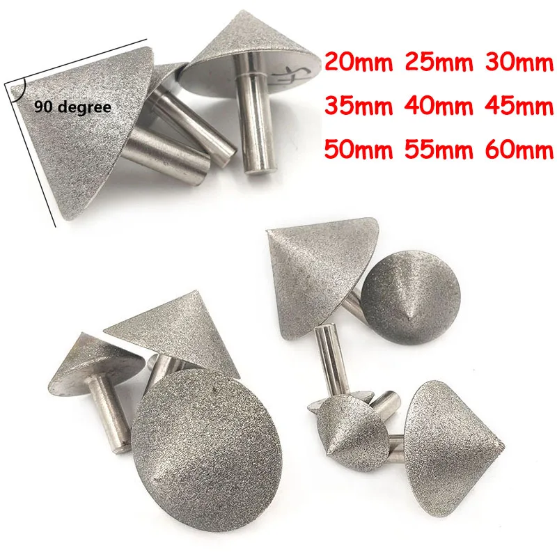 1pcs 20/25/30/35/40/45/50/55/60mm Electroplated Cone 90 Dregree Diamond Chamfer Grinding Head For Stone Glass Ceramic Polishing