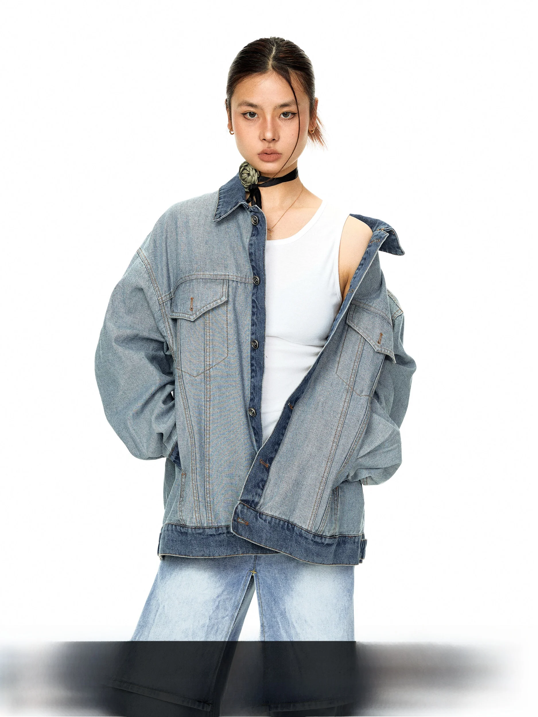 

Blackbb Vintage American Washed Denim Jacket Women's Versatile Design Collar Workwear Outerwear Casual Loose Fit Cotton Blend