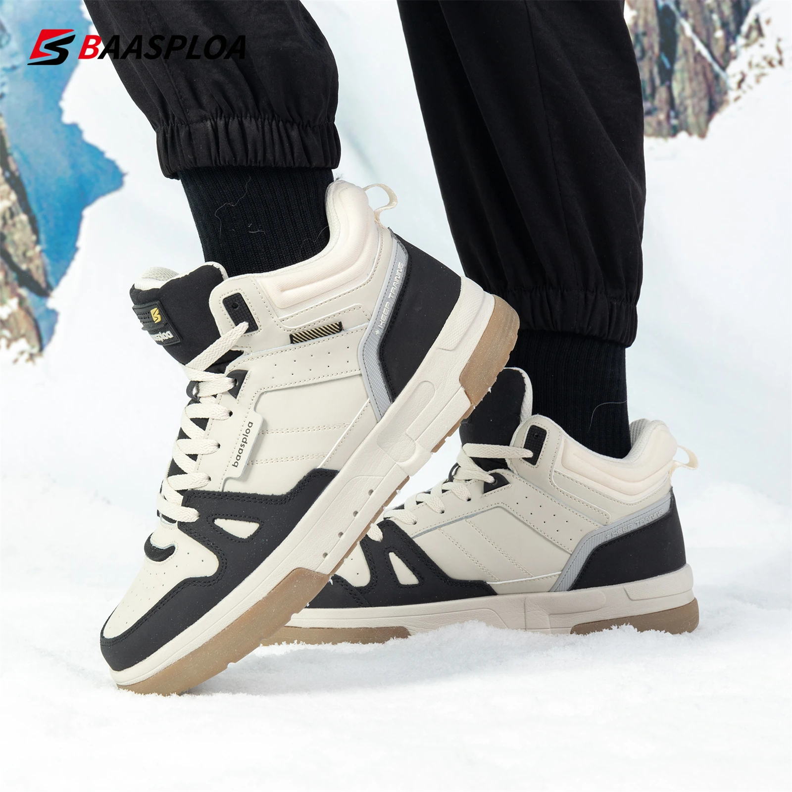 Baasploa Męskie Zimowe Trampki Moda Wysokie Bawełniane Buty Komfortowe Pluszowe Ciepłe Casualowe Buty Do Chodzenia Antypoślizgowe Outdoor New Arrival