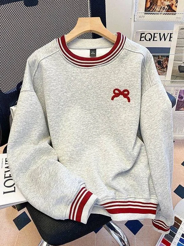 

plus Size Women's round Neck Overhead Sweatshirt Spring Autumn Knot Embroidery Thin Inner Wear Casual Loose Fit