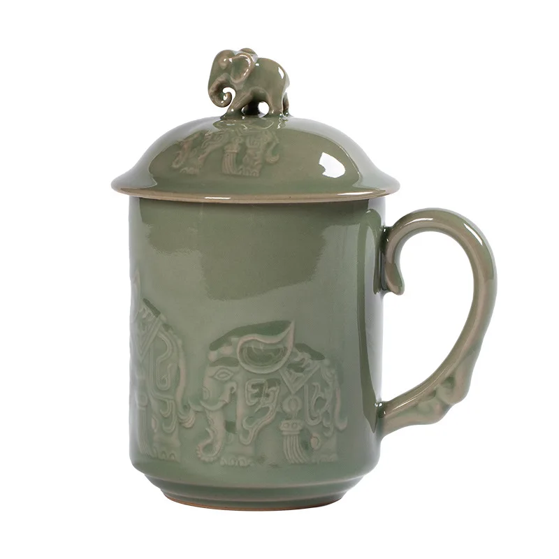 

Celadon Chinese honey glaze auspicious general cup office retro ceramic conference cup with lid creative gift