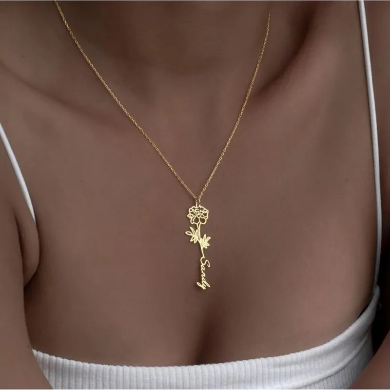 Name Halskette mit Geburts blume benutzer definierte Geburts monat Blume Edelstahl Blumen name Halskette minimalist ischen Schmuck Geschenk für sie – Detail 6