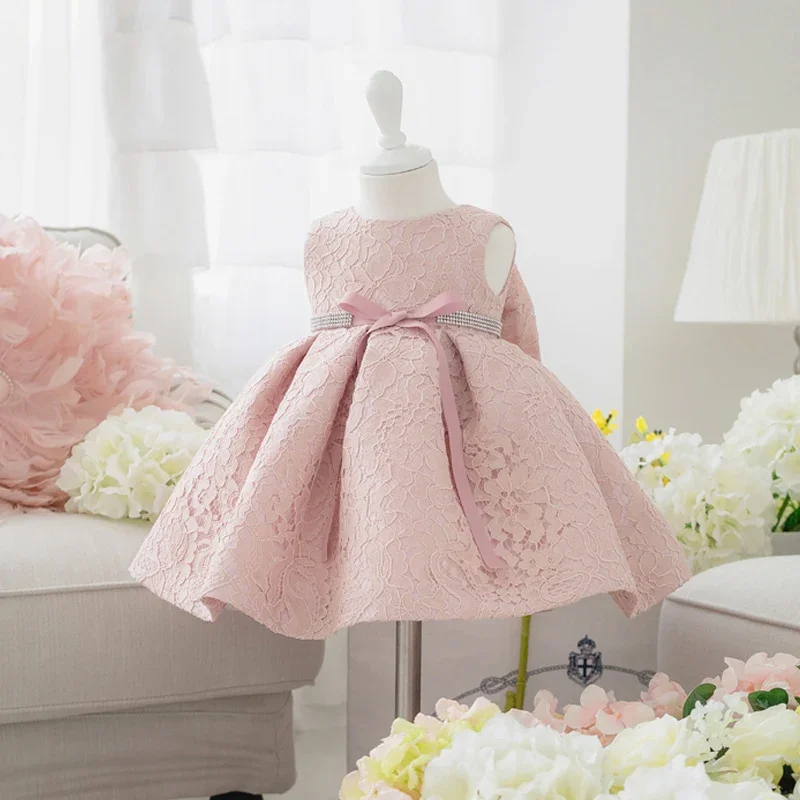 Newborn Baby Girl Dress with Cap Super Bow Diamond Belt Christening Gowns 1 Year Birthday Vestido Infantil
