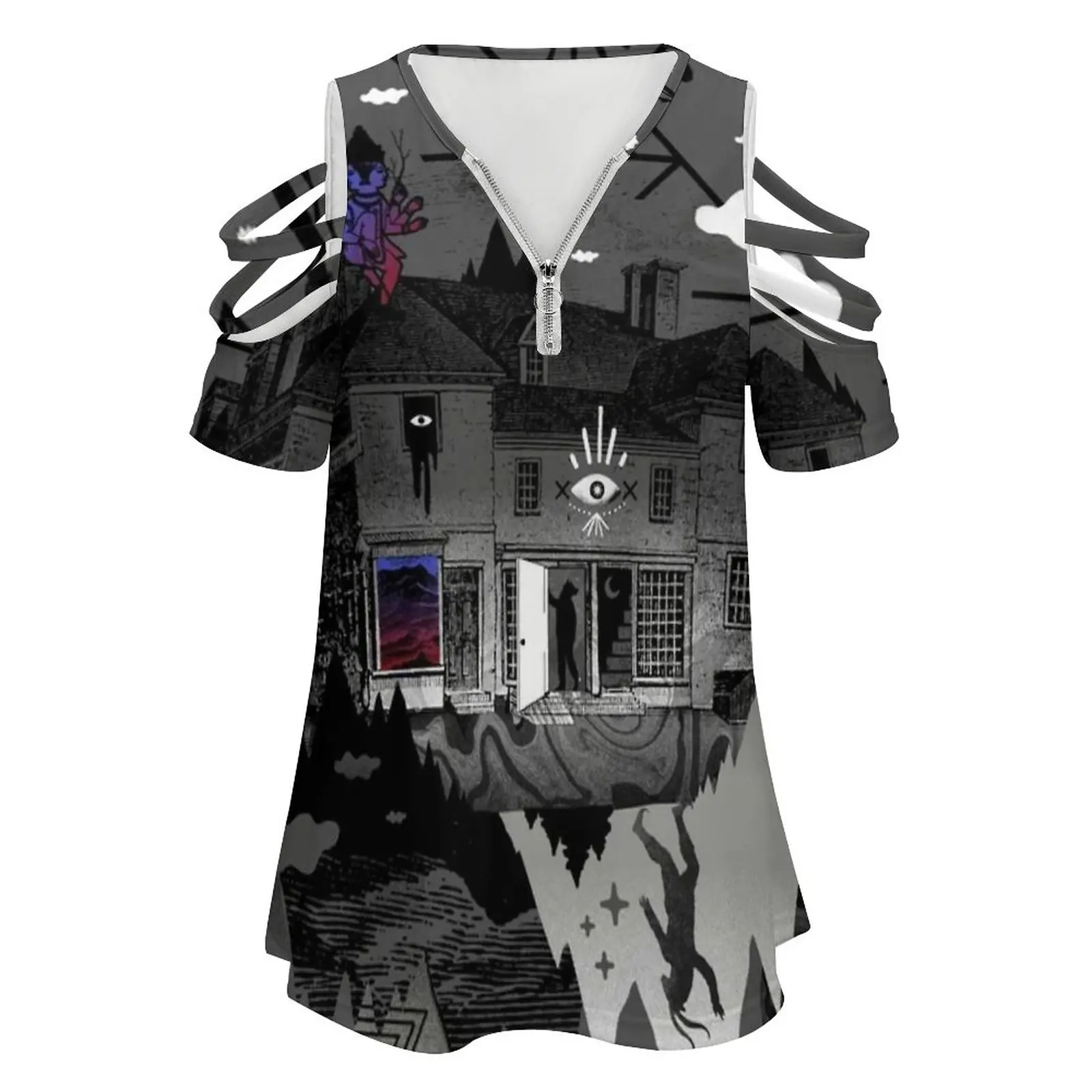 House Is Not A Home New Fashion Zip Off Shoulder Top Short-Sleeve Women Shirt Surreal Surrealism Abstract Illustrative Collage