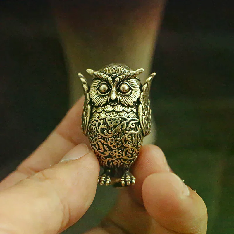 1Pcs Ancient Brass Owl Figurine Retro Copper Animal Tea Pet Exquisite Desktop Ornament Home Decor Craft