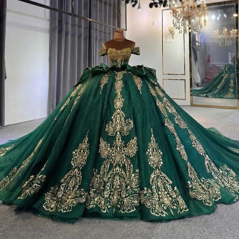 

Black Green Shiny Quinceanera Dresses Off The Shoulder Applique Lace Beading Crystal Bow Tull Corset Party Birthday Sweet 16