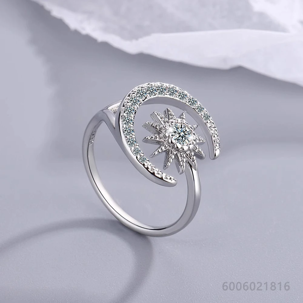 925 Sterling Silver Gold Zircon Moon Sun Wedding Open Ring For Women and Men Fashion Jewelry Grace Noble Engagement Accessories