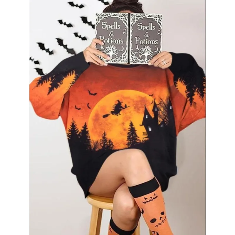 

Плюс размер 1XL-5XL женский повседневный свитшот на Хэллоуин дизайнерский круглый вырез с длинным рукавом свободные повседневные топы с графическим принтом