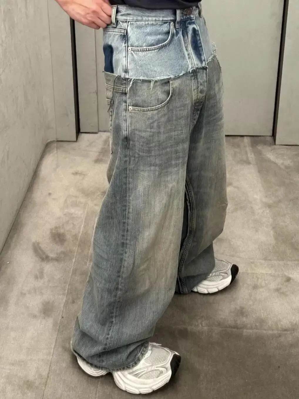 

Fall Winter Double Layer Ripped Distressed Patchwork Wide Leg Jeans Trendy High Waist Button Asymmetric Cotton Denim Jeans