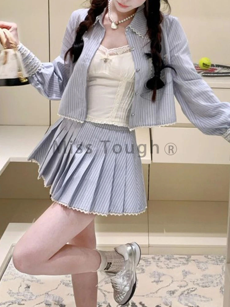 Winter Korean Sweet New 3 Piece Set Women Blue Solid Vest + Chic Coat + Pleated Skirt Preppy Style Chic Striped Fairy Suit 2024