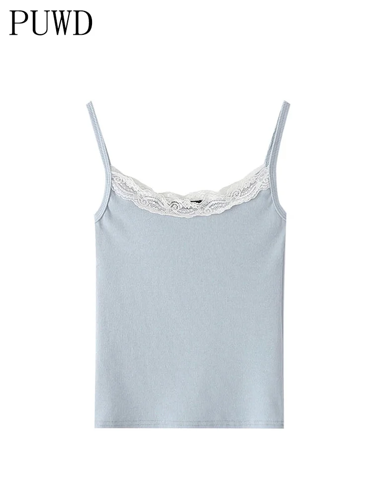 PUWD Casual Women Blue Solid Color Soft Cotton Tank 2022 Summer Fashion Ladies Vintage Slim Short Tops Female Chic Crop Top