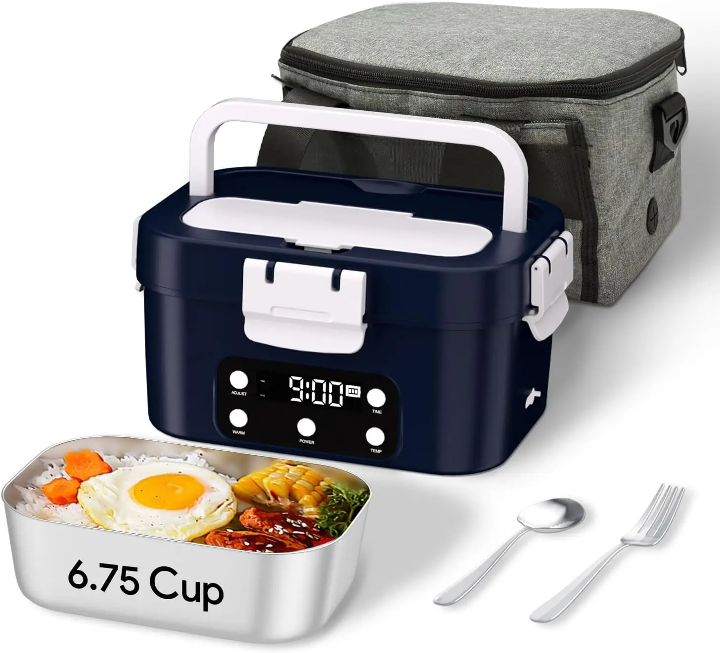 

Rechargeable Heated Lunch Box for Office & Travel - 6.75 Cups, Insulated Bag Included