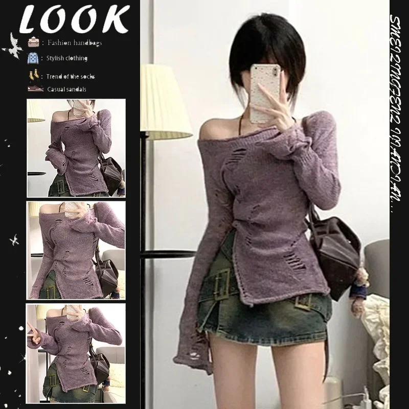 

Slash Neck Hollow Out Knitted Slim Sweaters Women Sweet Y2k Aesthetic Jumpers Japanese Elegant Casual Split Pullovers Trendy