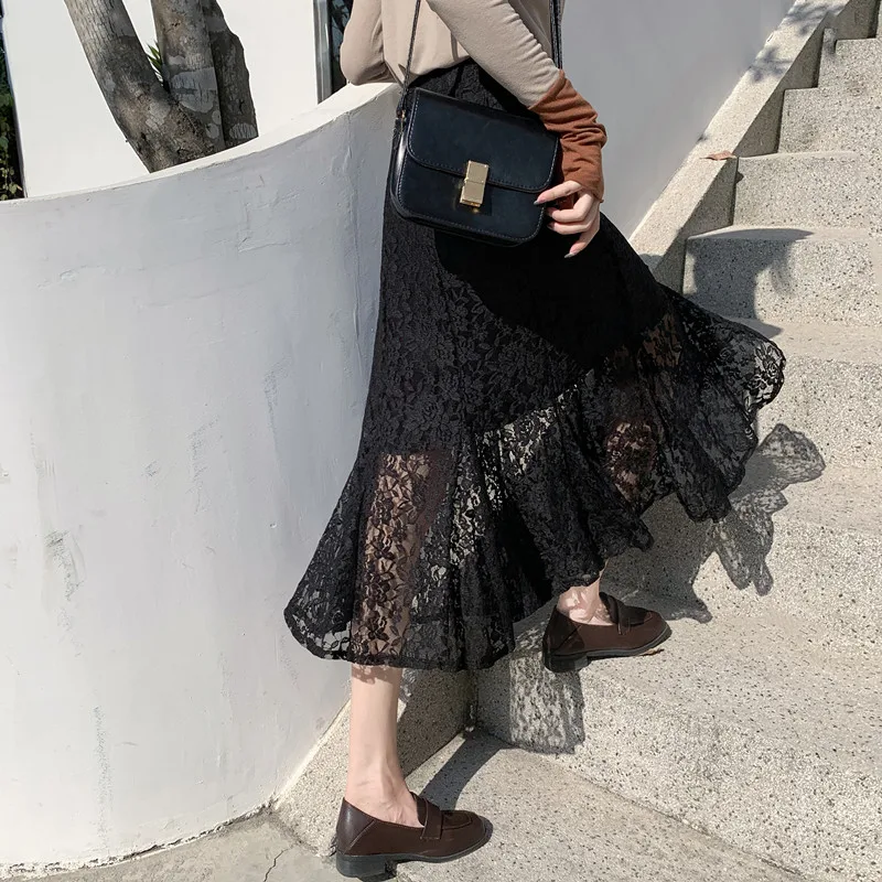 Ladies Fashion Black Lace Long Skirt Women Clothes Woman Casual OL Splicing Bilayer Skirts Girls Cute Skirts Female Clothing