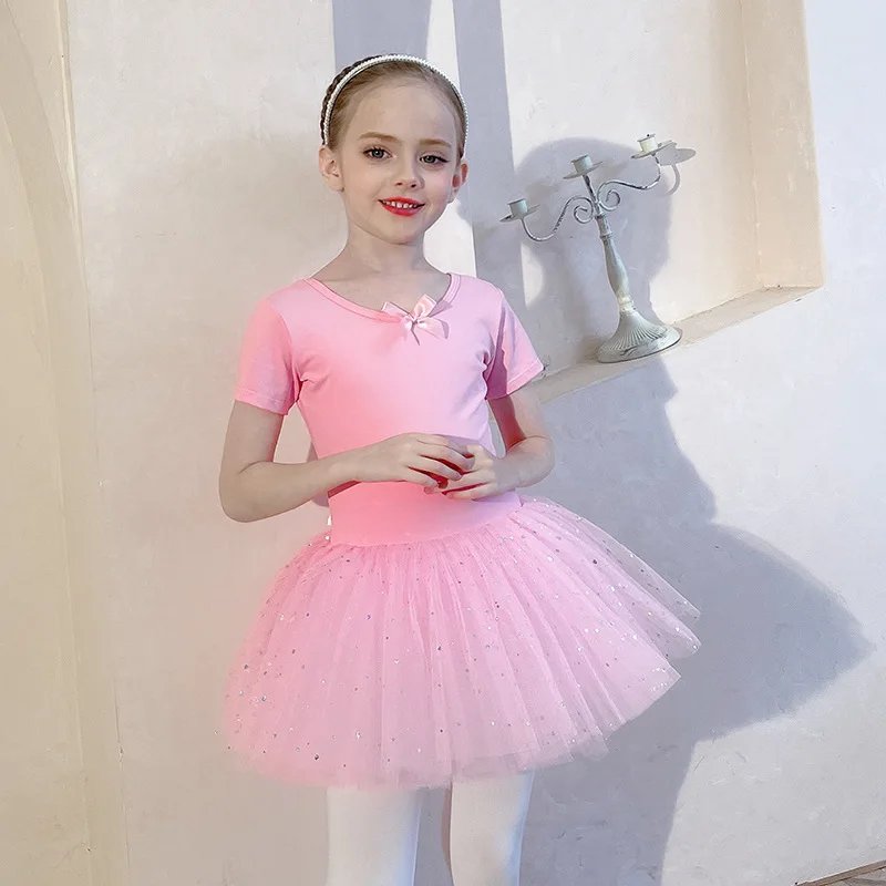 Summer Short Sleeve Girls Practice Dress Gauze Dress Pink Toddler Ballet Children Dance Dress