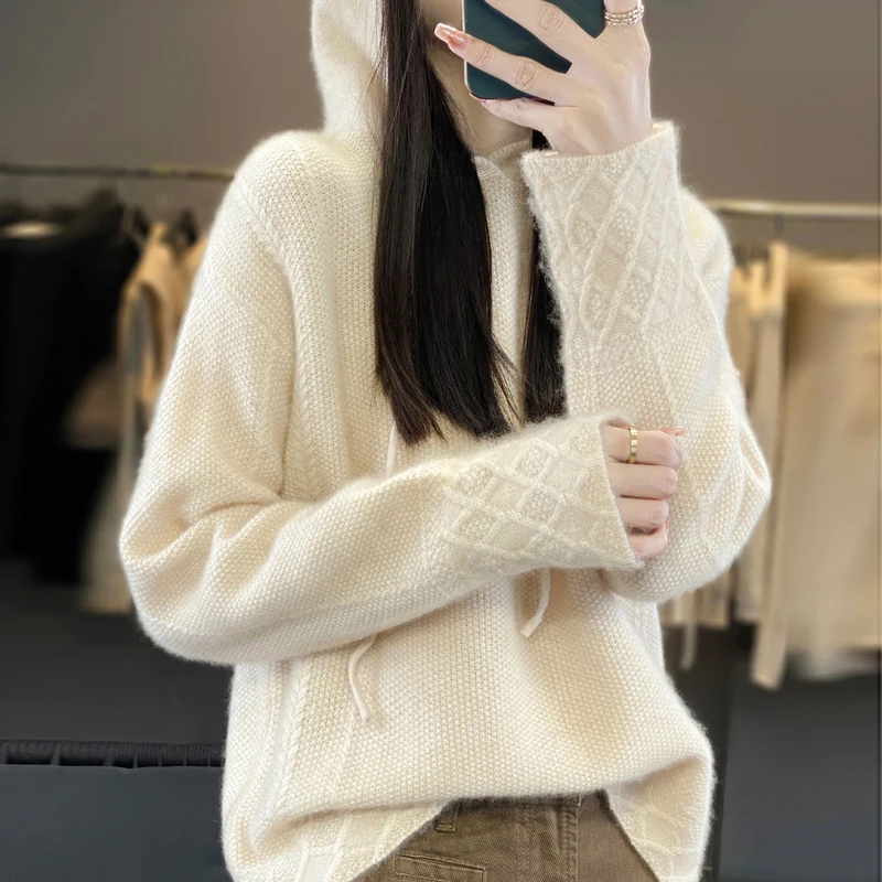 2024 Autumn Winter New 100% Merino Wool Sweater Women's Hooded Collar Pullover Casual Loose Knitted Bottom Fashion Korean Tops