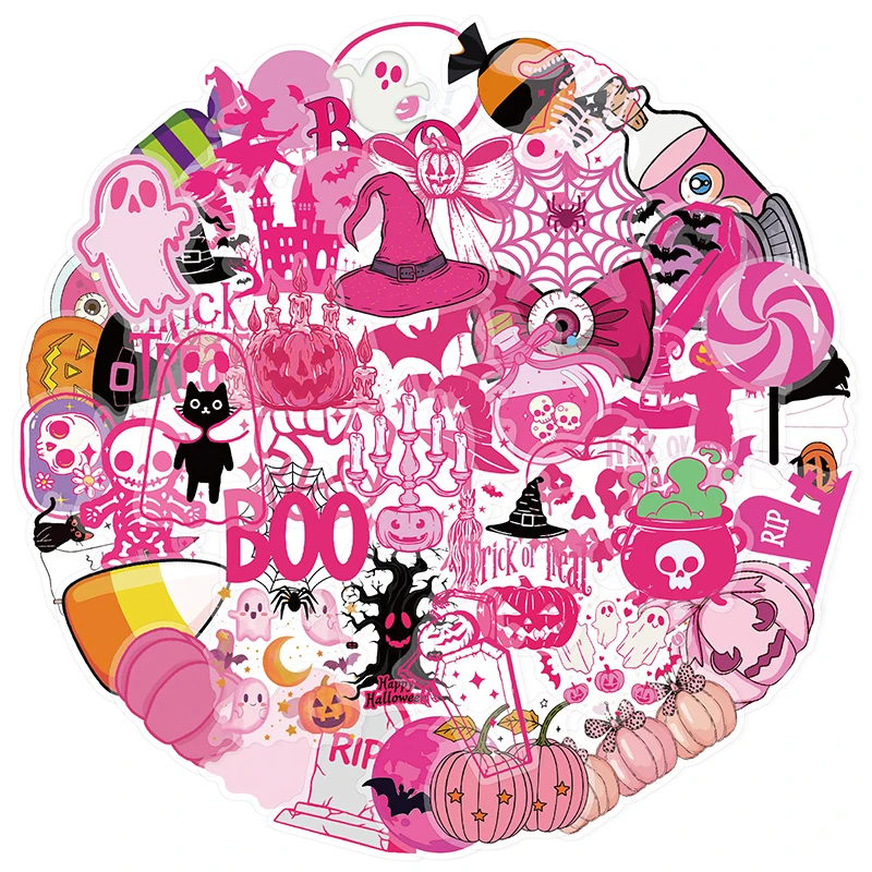 50PCS Pink Halloween Stickers Pink Terror Ghost Pumpkin Sticker Pack Vinyl Waterproof Decal for Water Bottle Scrapbook Laptops
