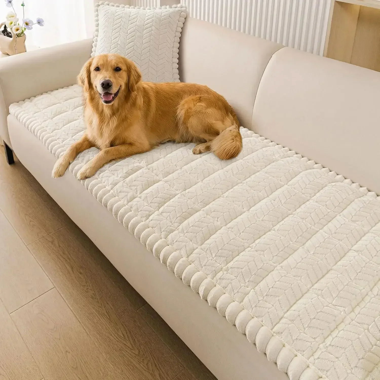 

Non Slip Couch Covers for Dogs, Fuzzy Pet Sofa Protector for 3 Cushion, Washable Furniture Cover (Beige, 27.6x82.7")
