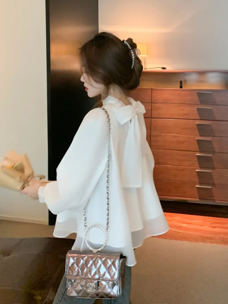 ربيع جديد الحلو الجنية مثل عقدة الشيفون الدانتيل أعلى المرأة لطيف Sle فقاعة Sve بلوزة جميلة تماما #2