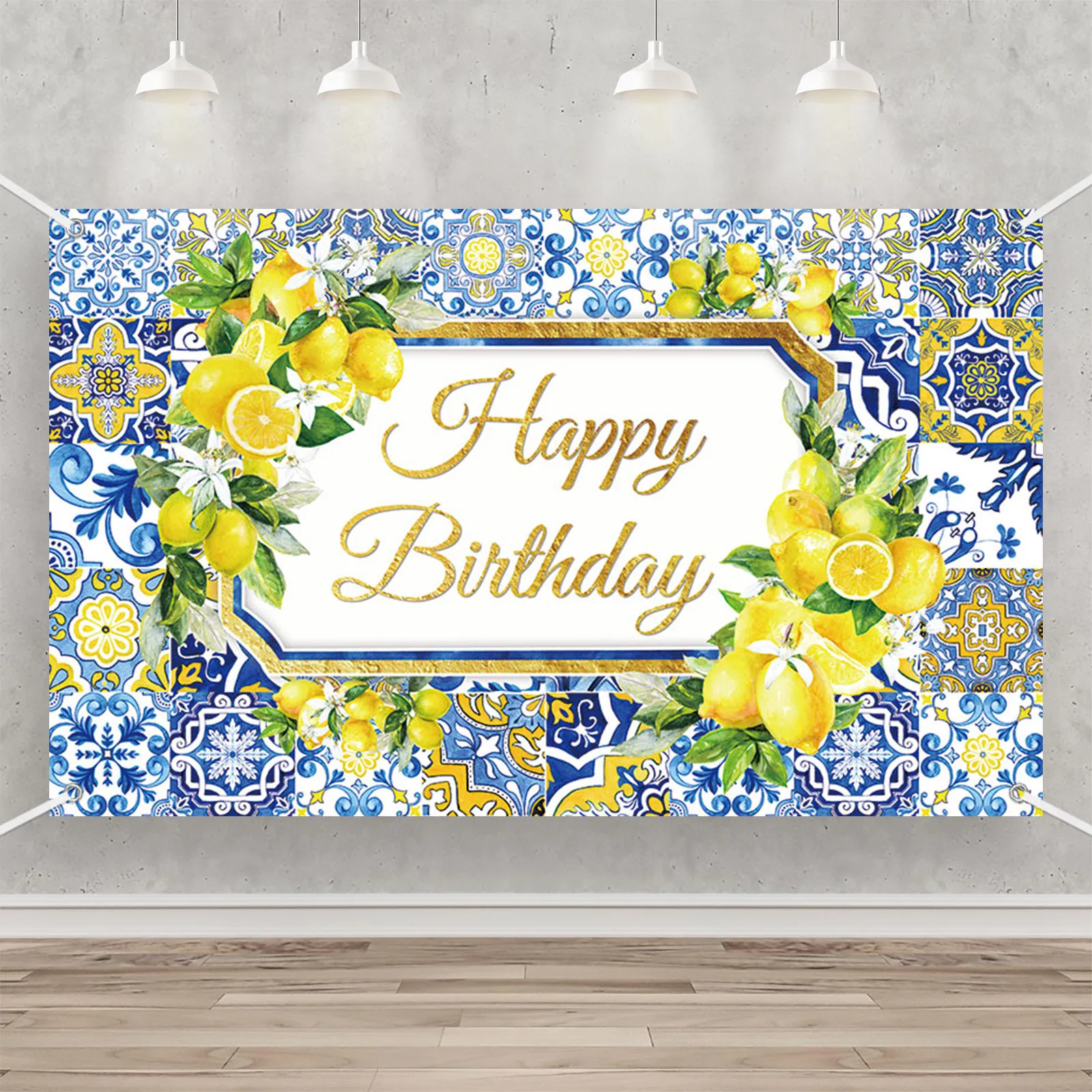 AIBIIN Lemon Happy Birthday Backdrop Blue Tiles Flower Photography Background Baby Cake Smash Portrait Photozone Party Decor