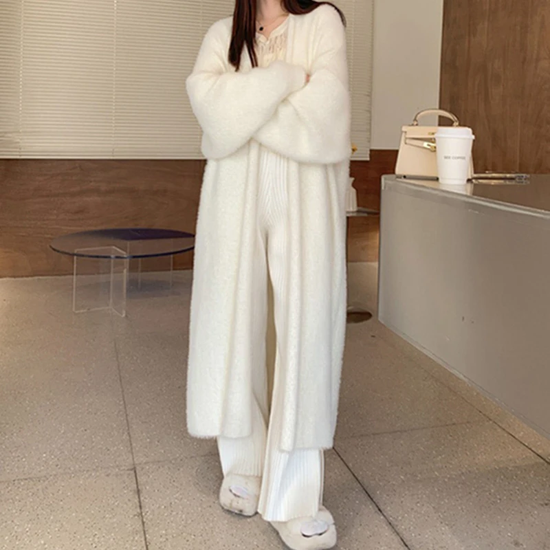 Korean Casual Imitation Mink Fur Cardigan Women Y2K Solid Long Sweaters Elegant Vintage Knitted Coat Winter Soft Loose Jackets