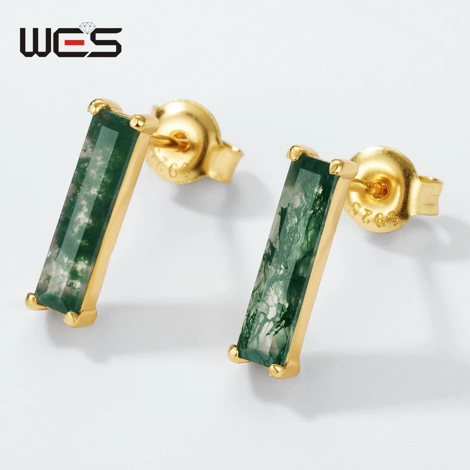 

WES 925 Sterling Silver Square 3*12mm Natural Moss Agate Stud Earrings for Woman Gold Plated Wedding Engagement Gift Wholesale