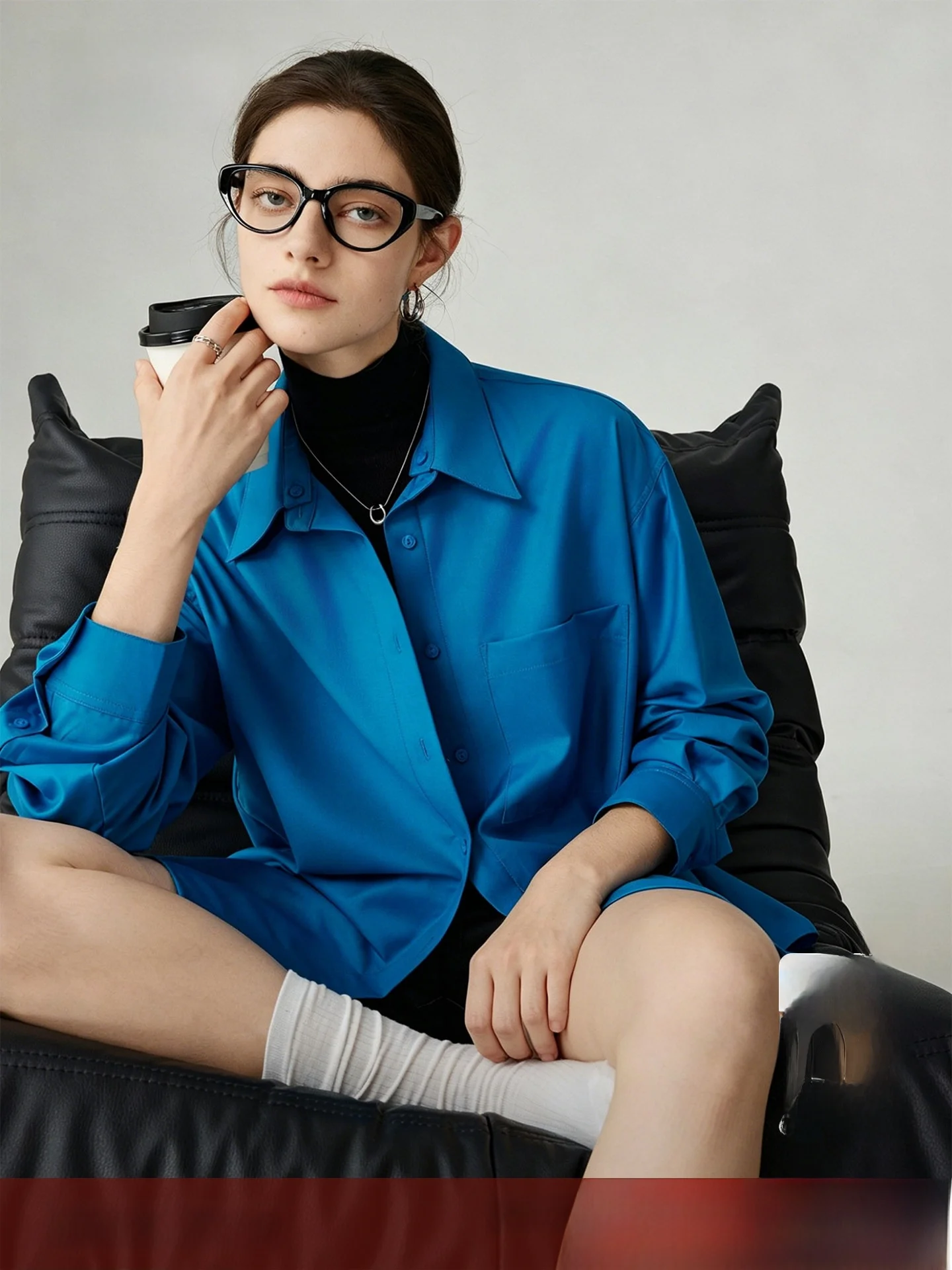 Two-Way Wearable Klein Blue Shirt with Detachable Collar for Women Vintage Style Commute Long Sleeve Polyester Casual Shirt