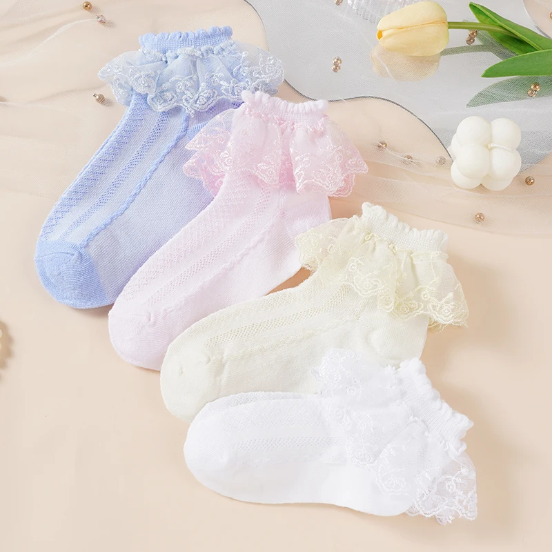 

3 Pairs/set Girls Lace Princess Style Breathable Mesh Socks Sweet Soft Comfortable Casual Socks School-Age Children Ankle Socks