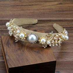 Handmade Gold Color Branch Leaf Baroque Hairband Crystal And Pearl Headband For Women Girls Hair Accessories