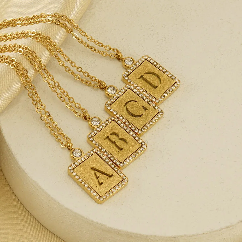 Fashion Stainless Steel 18K Gold Plated 26 Square Initials Letter With Diomand Necklace For Women 2024 Trendy Jewelry Wholesale