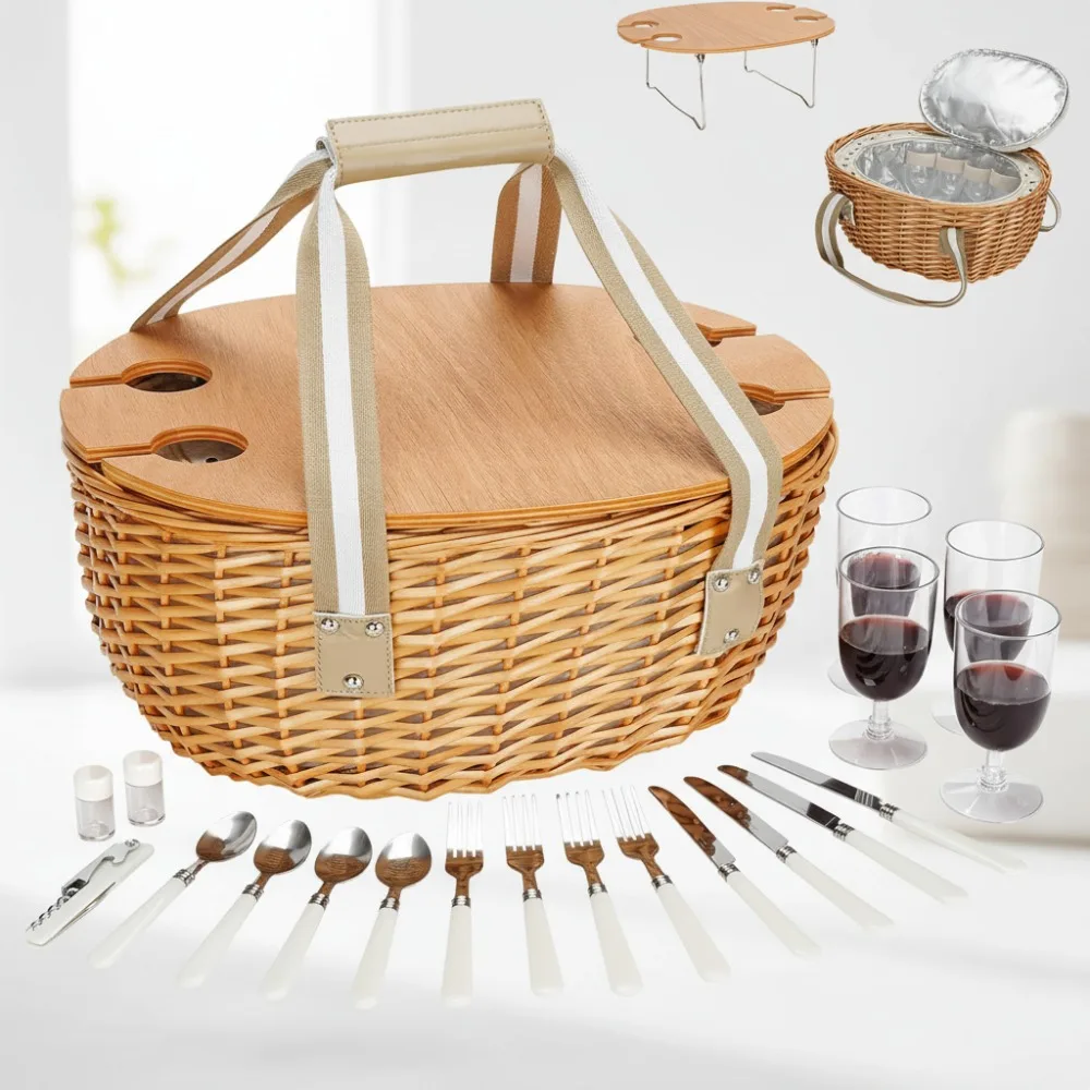 

4-Person Insulated Picnic Basket with Folding Table, Large Cooler Bag for Outdoor Camping Family Outings(Beige)