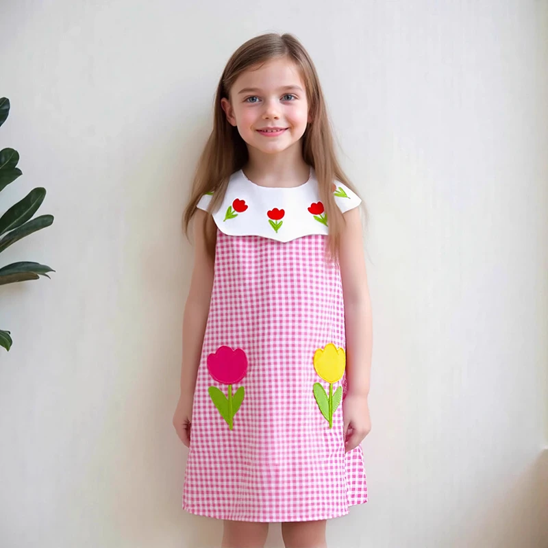 Little Maven 2026 Sommer Kinderkleidung Baby Mädchen Cartoon Casual Plaid Blumen Rosa Prinzessin Kleider Kinderkleidung