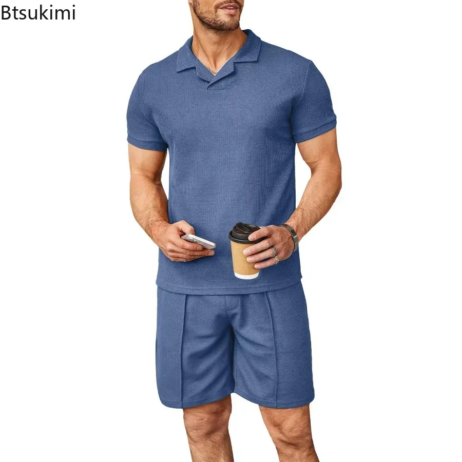 2025 Men's Summer Casual Short Sleeve Shirts and Shorts Sets Waffle V-neck Polo Shirt Lapel Cool 2PCS Sets Male Solid Suit Sets