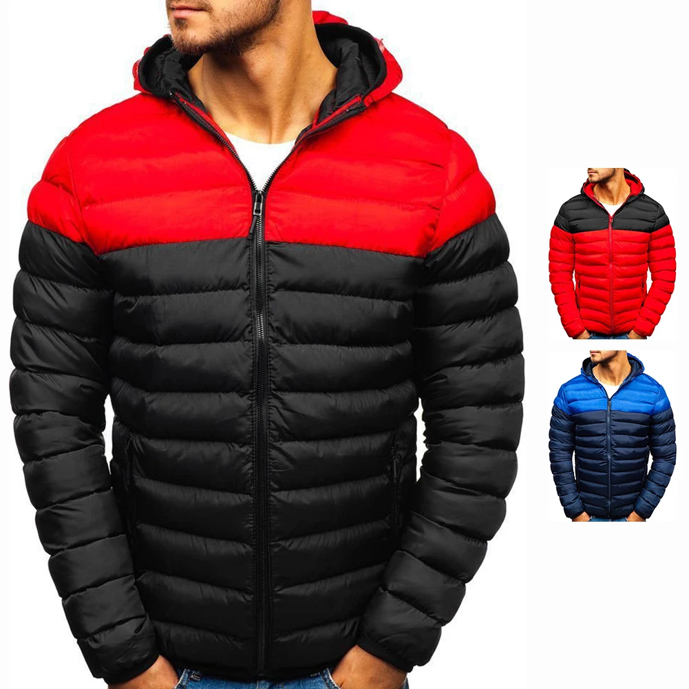 

Men Casual Long Sleeve Patchwork Coat Winter Warm Zipper Hooded Windproof Jacket Autumn Winter Men's Clothes