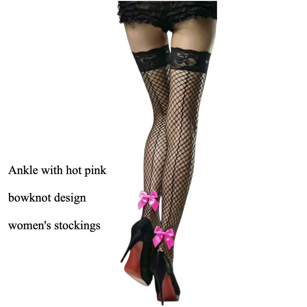 

Ankle with Hot Pink Bowknot Design Women's Stockings Lace Stay Up Non-slip Silicone Hosiery Girlfriend Net Socks Cute Stocking