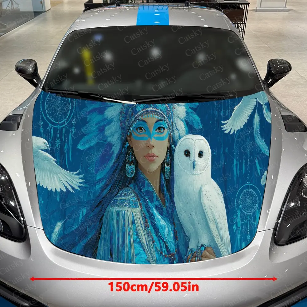 Enchanting Native Woman Owl Auto Hood Sticker, Car Cover Decal, Waterproof and Self-adhesive Auto Vinyl Wraps, Car Exterior Deco