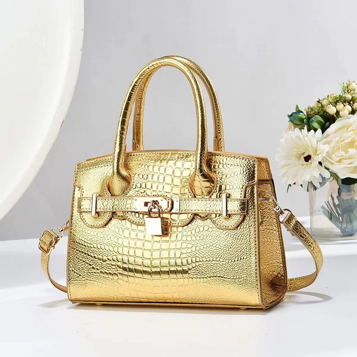 New minimalist stone patterned women\'s large capacity handbag, crocodile pattern single shoulder crossbody gold tote bag bolsa