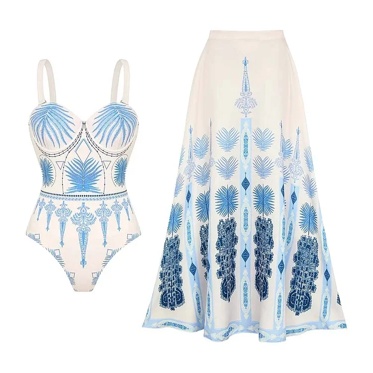 2024 Women Ethnic Printed One Piece Swimsuit and Tiered Skirt Beachwear bikini Two piece Bathing Suit Swimwear