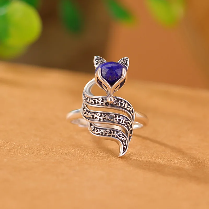 S925 Sterling Silver Rings for Women Eternal Rattan Pattern Nine-tails-fox Lapis Red Agate Moonstone Fashion Jewelry Wholesale