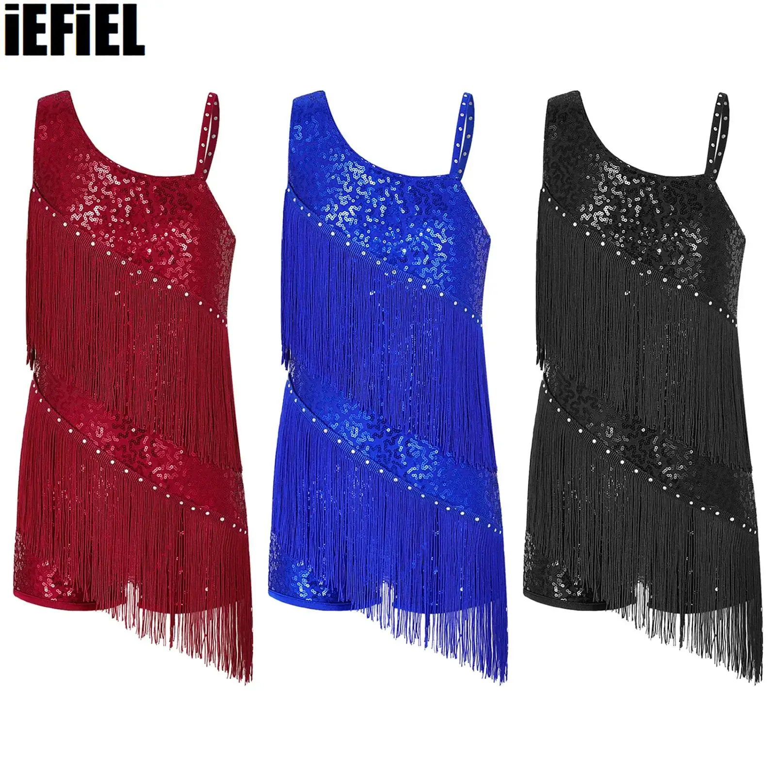 

Kids Girls Shiny Sequins Tassels Dance Leotards Sleeveless Shorts Oblique Shoulder Rhinestone Decorated Outlook Bottom Latin