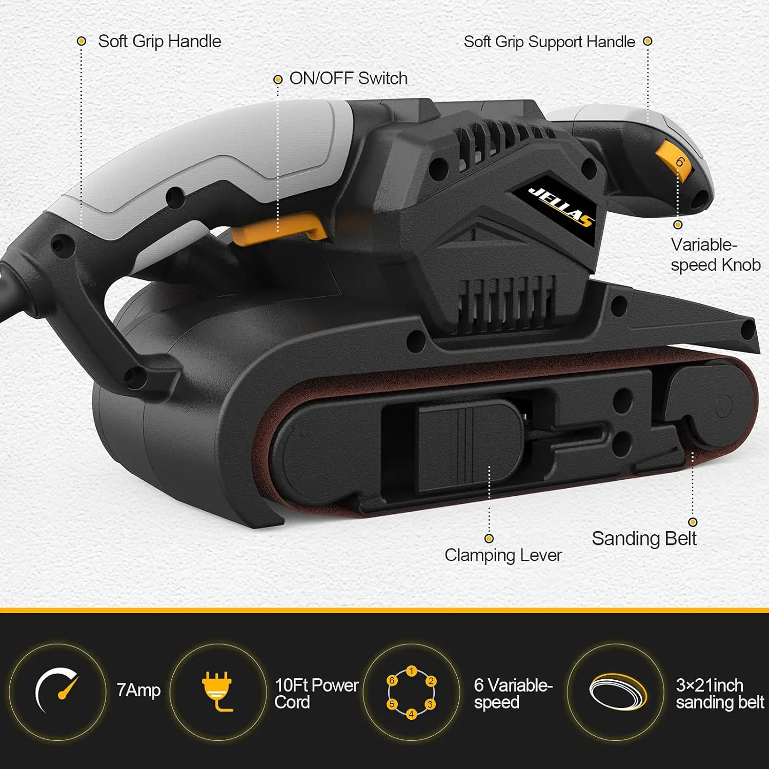 Jellas 7Amp Belt Sander 3 × 21-Inch With Dust Bag, Bench Sander With Variable-Speed Control, 2 In 1 Vacuum Adapter, 10 Feet (3
