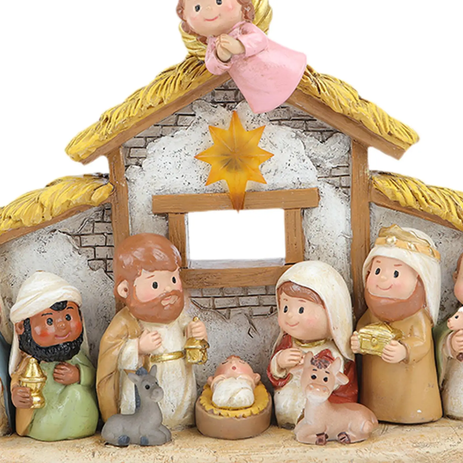 Cartoon Miniatur religiöses Harz Weihnachtskrippe Set Ornament mit Licht