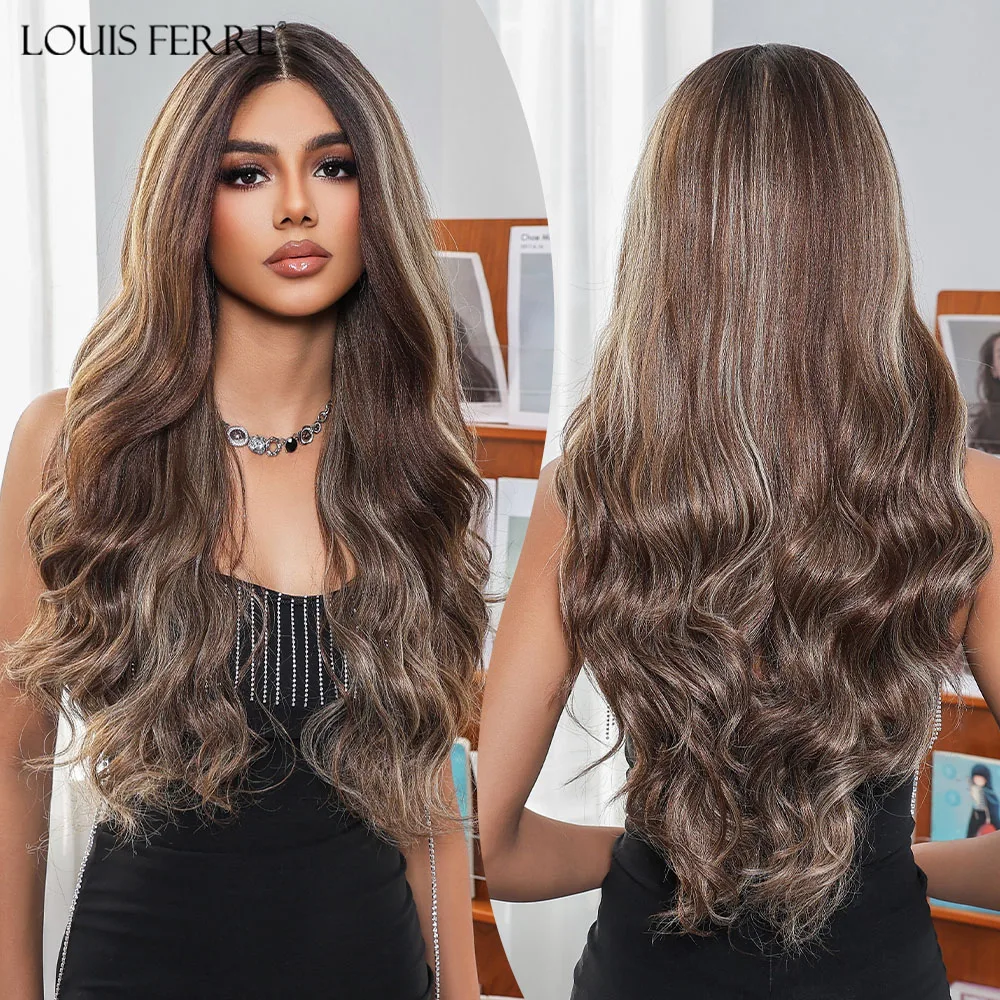 LOUIS FERRE 13*1 T Part Lace Front Wigs for Black Women Brown Highlights Long Wavy Curly Wigs Middle Part Natural Hair for Daily