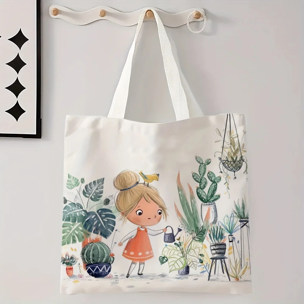 

1pc Cute Cartoon Girl Shoulder Bag Lightweight Vintage Art Design & Open Top,Artistic Bags Accessory 35x40cm