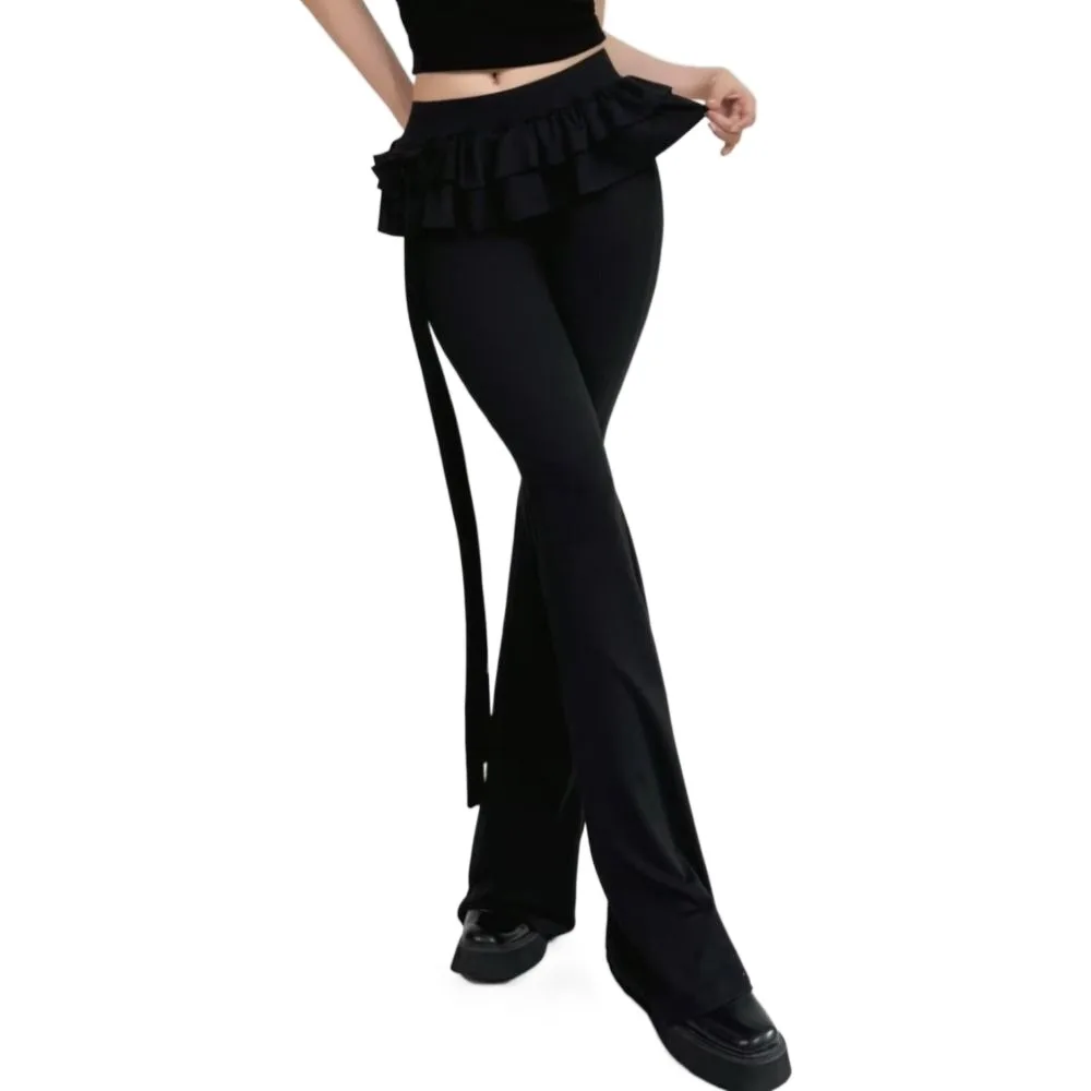 스위트 아이스 실크 앞치마 스커트 플레어 팬츠 Y2K 로우 웨이스트 캐주얼 팬츠 여성용 시크 슬림핏 벨보텀 트라우저