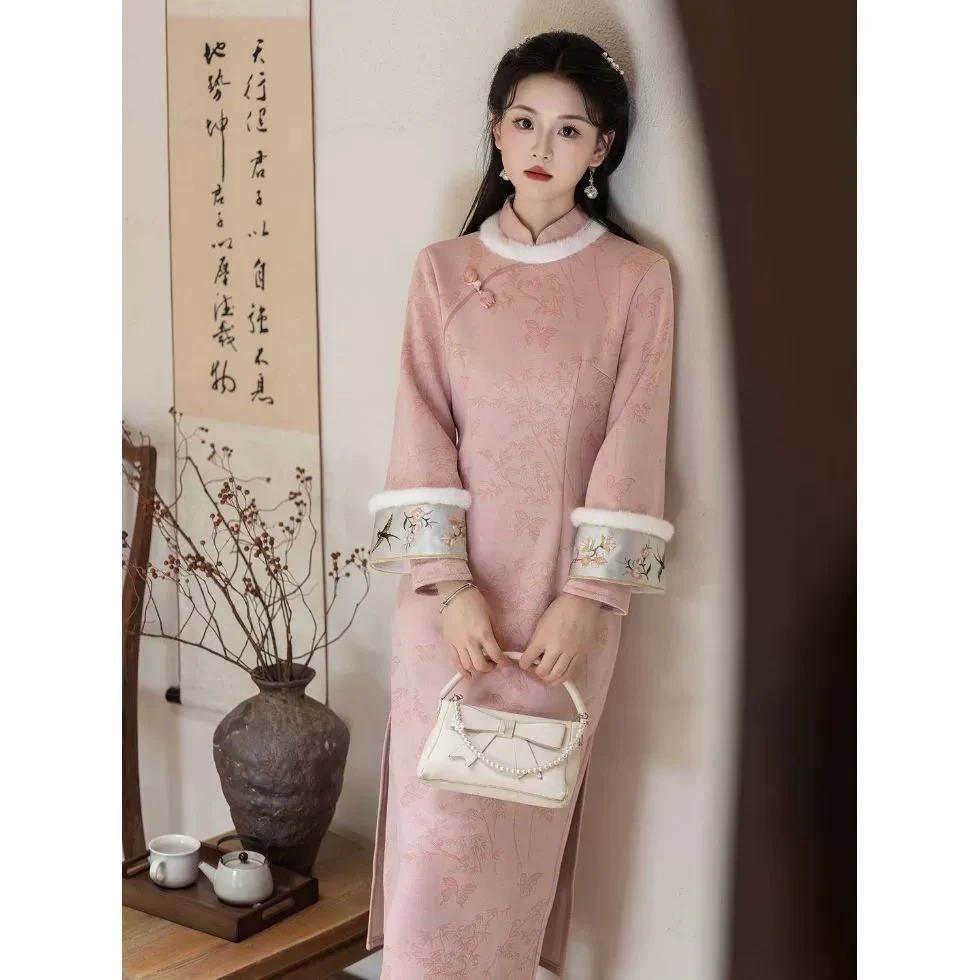 

2026 женский винтажный комбинезон Cheongsam с длинными рукавами и вышивкой на талии, длинная юбка